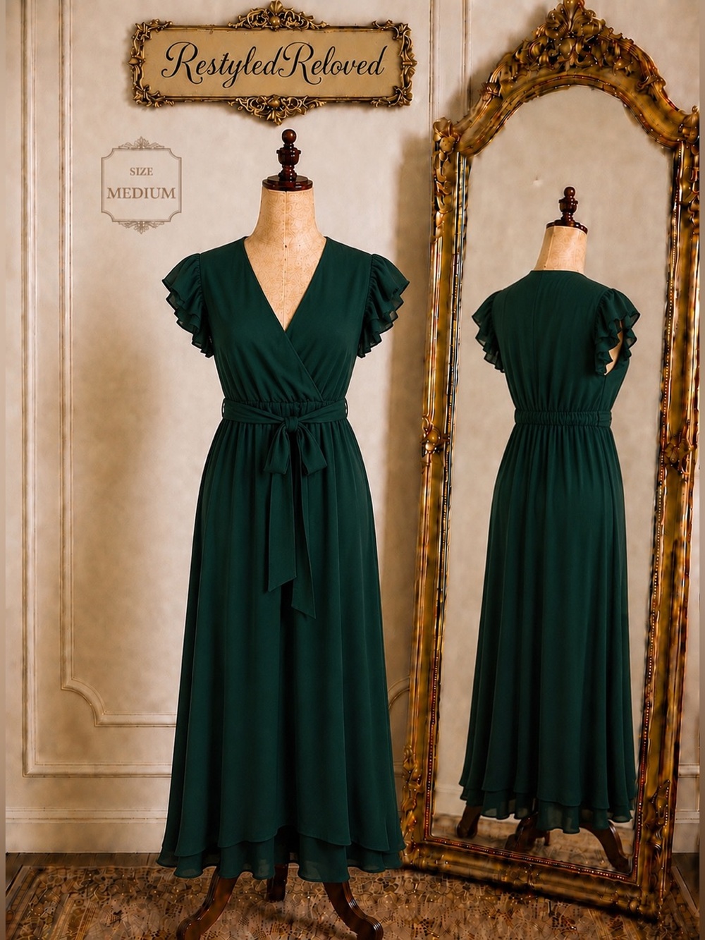 Forest Green Flutter Sleeve Wrap Dress – Size Medium – Elegant Midi Dress